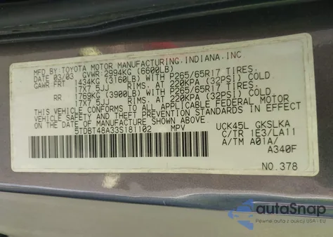 2003 Toyota Sequoia Limited z USA, uszkodzony, nr VIN 5TDBT48A33S181102